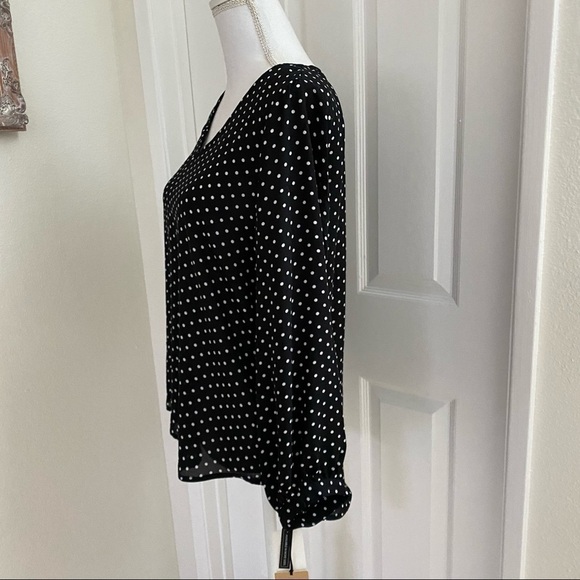 NWT Nordstrom Halogen V-neck Long Sleeve Polka Dot Black Ivory Petite Dot Blouse - Picture 10 of 11